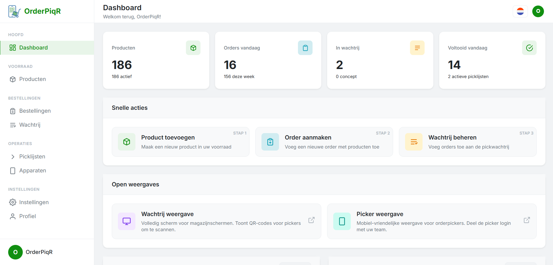 OrderPiQR dashboard op een mobiel apparaat
